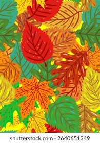 abstract natural wallpaper with various tree leaf shapes in red yellow green and orange seasonal textile print