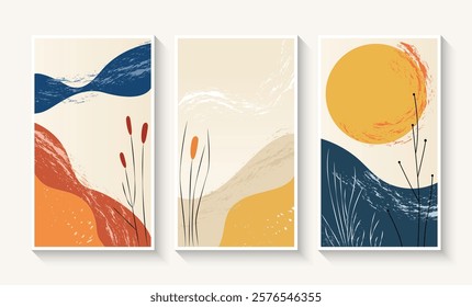 Abstract nature art collection. Set of three artworks. Wall art for home decorate and printing, interior, cover, and postcard. Vector illustration