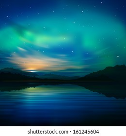 abstract nature background with aurora borealis and  mountains