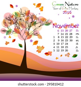 Abstract nature background with autumn tree and dates of November 2016. Golden autumn. Vector illustration