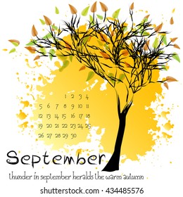 Abstract nature background with autumn tree with yellow foliage and sample of dates for calendar month September. Calendar design. Shape of tree on yellow splashes and blots. Vector illustration