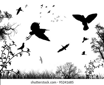 Abstract nature background with birds and trees, in black and white, vector illustration