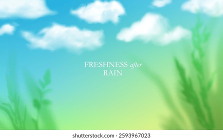 Abstract Nature Background with Blue Sky, Vector Clouds and Green Plants. Spring and Summer Gradient. Clear Color Poster Design