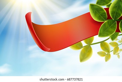 Abstract nature background, blue sky with red empty banner for design in 3d illustration