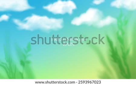 Abstract Nature Background with Blue Sky, Vector Clouds and Green Plants. Spring and Summer Gradient. Clear Color Poster Design
