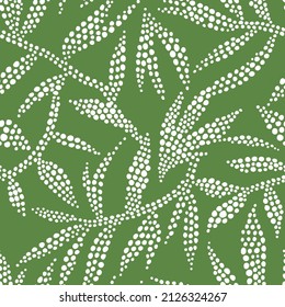 Abstract nature background. Botanical seamless pattern in flat modern manner. Hand drawn foliage in dotted flat style. Leafage silhouettes. Outline contour drawing. Good for fashion, textile, fabric.