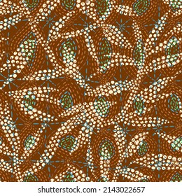 Abstract nature background. Botanical seamless pattern in flat modern manner. Hand drawn foliage overlay on folk dotted texture. Leafage silhouettes. Outline contour drawing.