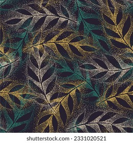 Abstract nature background. Botanical seamless pattern. Hand drawn foliage in dotted flat style. Leafage silhouettes. Good for fashion, textile, fabric.