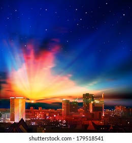 abstract nature background with city and sunrise