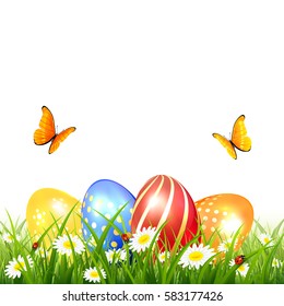 Abstract nature background with colored Easter eggs in grass, orange and yellow butterflies flying over flowers, illustration.
