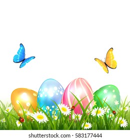 Abstract nature background with colored Easter eggs in grass, butterflies flying over flowers, illustration.