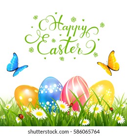 Abstract nature background with colored Easter eggs in grass and butterflies flying over flowers, holiday lettering Happy Easter,  illustration.