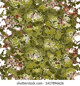 Abstract nature background. Floral vector seamless pattern. Silhouettes of green and brown flowers. Ornate natural backdrop. Bright organic template for design, textile, wallpaper, banner.