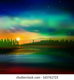 abstract nature background with forest and green aurora