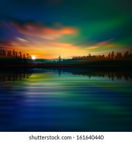abstract nature background with forest lake and sunrise