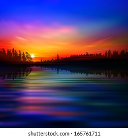 abstract nature background with forest lake and red sunset