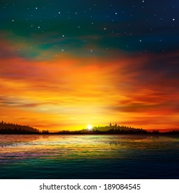 abstract nature background with forest lake and red sunrise