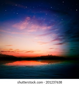 abstract nature background with forest lake sunset and clouds