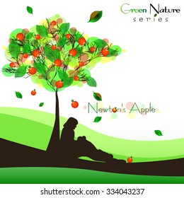 Abstract nature background with fructifying apple tree and sitting man under it. Newton's Apple - law of universal gravitation. Vector illustration