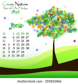 Abstract nature background with green blooming tree and dates of June 2016. Bright summer. Vector illustration