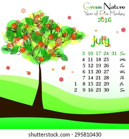 Abstract nature background with green fructiferous tree and dates of July 2016. Bright summer. Vector illustration