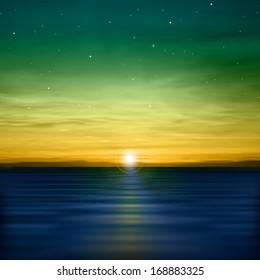 abstract nature background with green ocean sunrise and stars