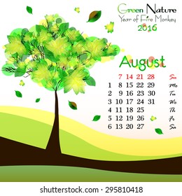 Abstract nature background with green tree and dates of August 2016. Bright summer. Vector illustration