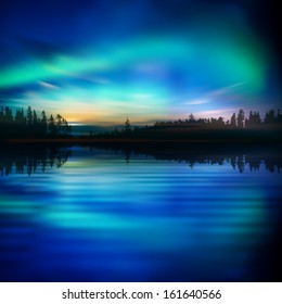 abstract nature background with lake forest and aurora borealis