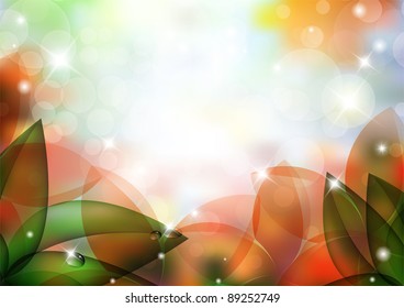Resumen del fondo natural con hojas, flores, rocío y luces
