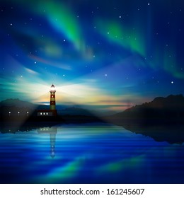 abstract nature background with lighthouse and aurora borealis