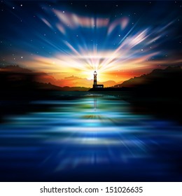 abstract nature background with lighthouse mountains and sunrise