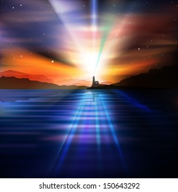 abstract nature background with lighthouse and stars