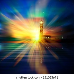 abstract nature background with lighthouse stars and sunrise