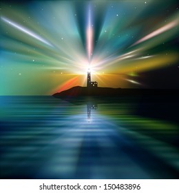 abstract nature background with lighthouse and sunrise