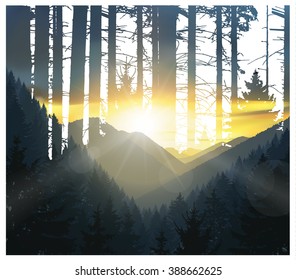 Abstract nature background. Mountains panorama and silhouette of trunks. Colorful sunset in wild woodland.  Eps 10.