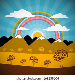 Abstract Nature Background with Mountains, Rainbow, Trees