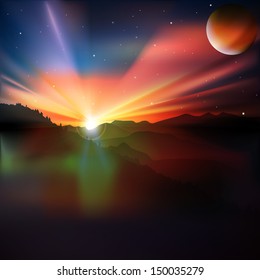abstract nature background with mountains and sunrise