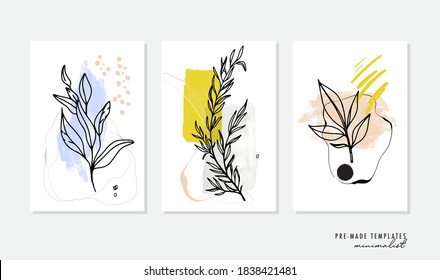 Abstract Nature Background, One Line Minimal  Plant Vector Template. Trendy Cards, Invitations, Makeup And Cosmetic Flyers, Summer Pastel Minimalist Shapes, Elegant Vintage Design In Yellow Blue 2021