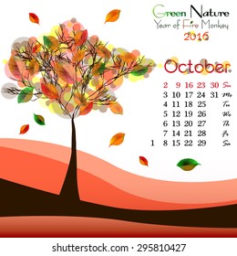 Abstract nature background with orange tree and dates of October 2016. Golden autumn. Vector illustration