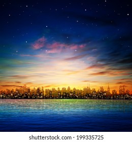 abstract nature background with panorama of city and sunset