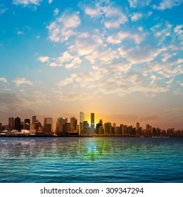 abstract nature background with panorama of Vancouver and white clouds