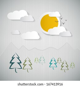 Abstract Nature Background with Paper Sun, Clouds, Trees and Mountains