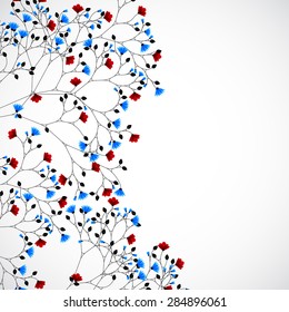 Abstract nature background with red and blue flowers. Vector