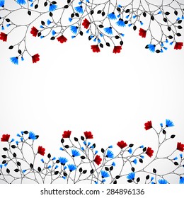 Abstract nature background with red and blue flowers. Vector
