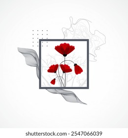 Abstract nature background. Red poppy flowers in a frame.  Hand drawn vector.