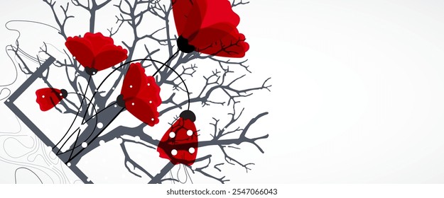 Abstract nature background. Red poppy flowers in a frame.  Hand drawn vector.