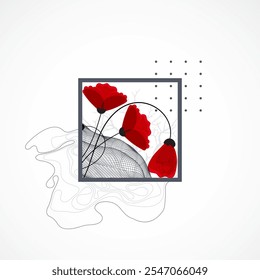 Abstract nature background. Red poppy flowers in a frame.  Hand drawn vector.