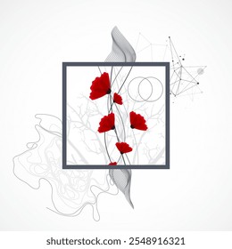 Abstract nature background. Red poppy flowers in a frame.  Hand drawn vector.