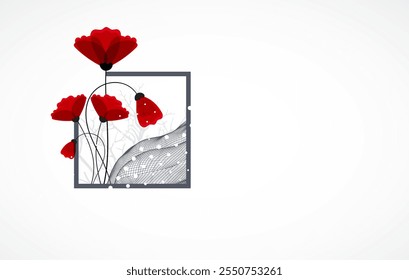 Abstract nature background. Red poppy flowers in a frame.  Hand drawn vector.