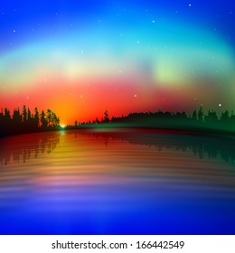 abstract nature background with red sunset and forest